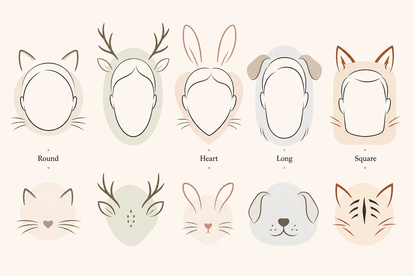 Editorial guide showing round, long, heart, square, soft, and sharp animal face shape signals