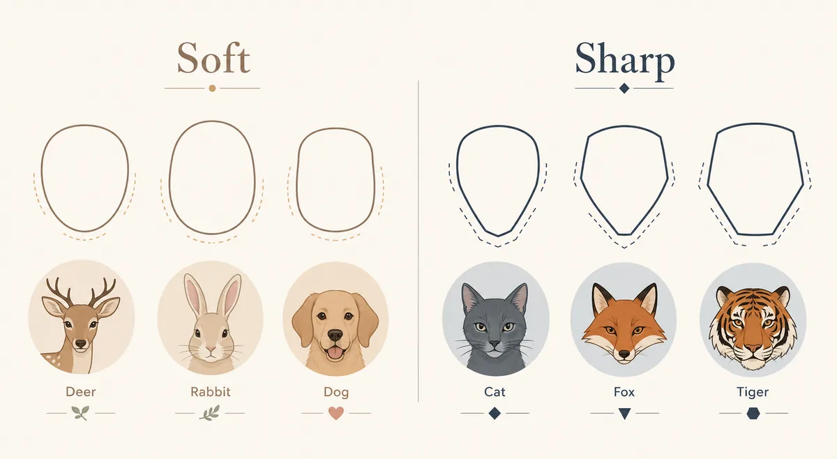 Editorial comparison of soft rounded animal face shapes and sharp angular animal face shapes