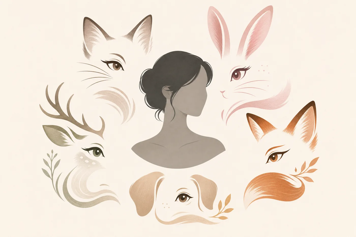 Ilustración editorial de tipos de belleza animal con símbolos de cat, bunny, deer, fox y puppy alrededor de un retrato neutro