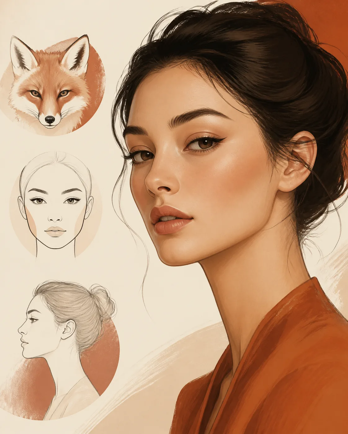 Redaktionelle Illustration eines menschlichen Fuchs-Gesichtstyps mit angehobenen Augen und schmaler Kontur