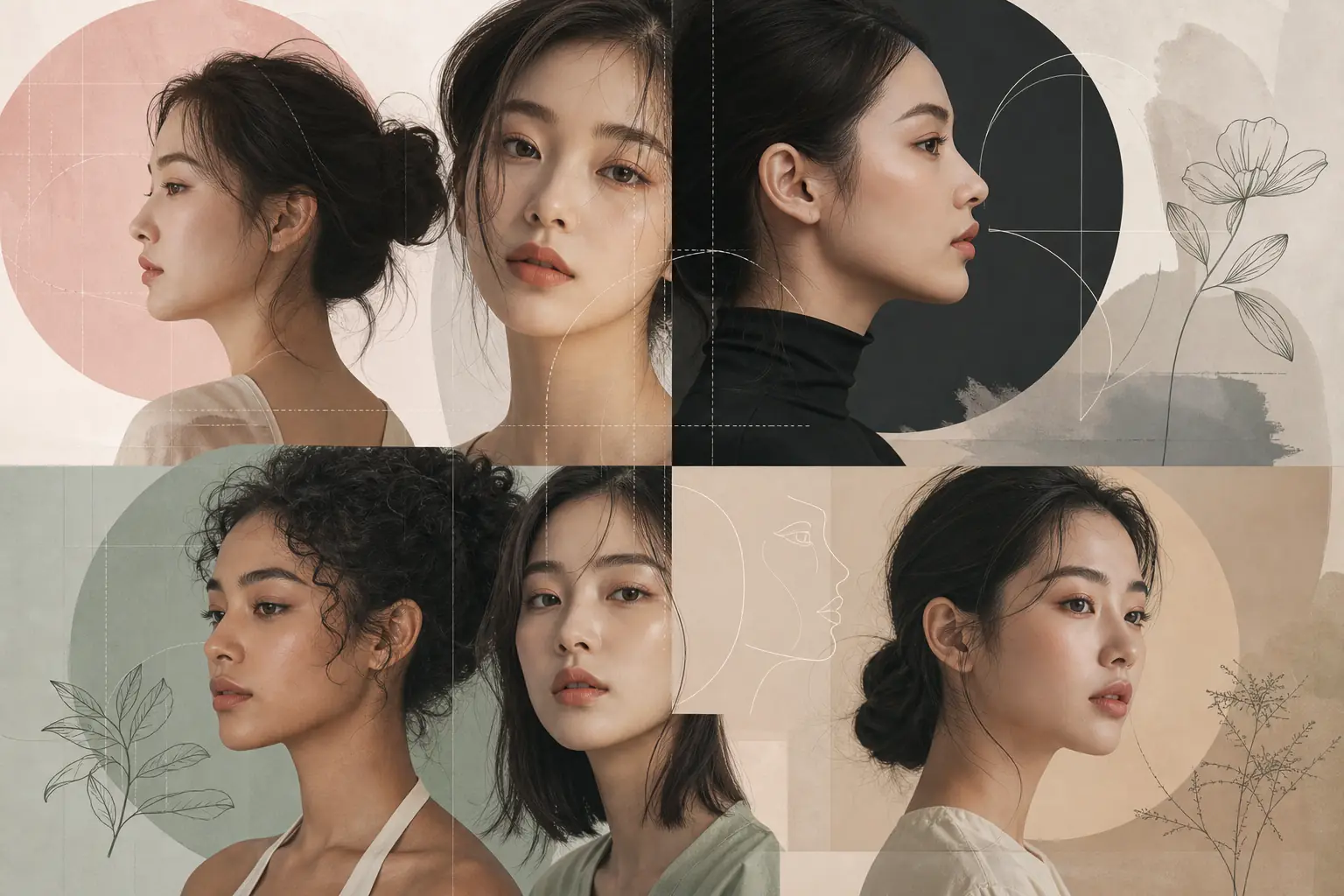 Colagem editorial de diferentes proporções faciais para um guia sobre análise coreana de 16 tipos de rosto